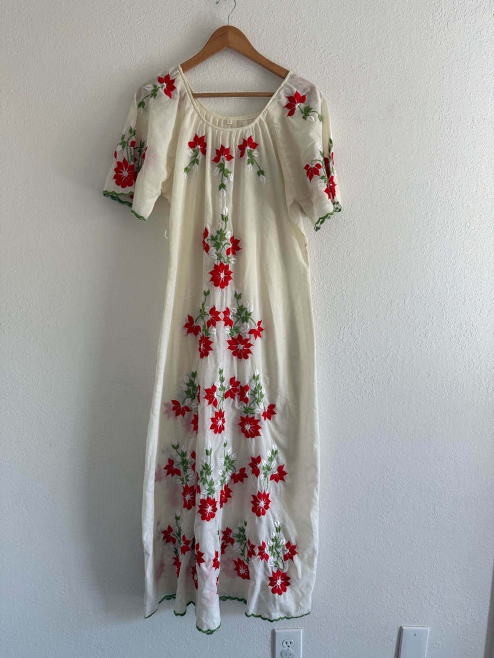 Embroidered Cream Maxi Dress with Red Floral Detail